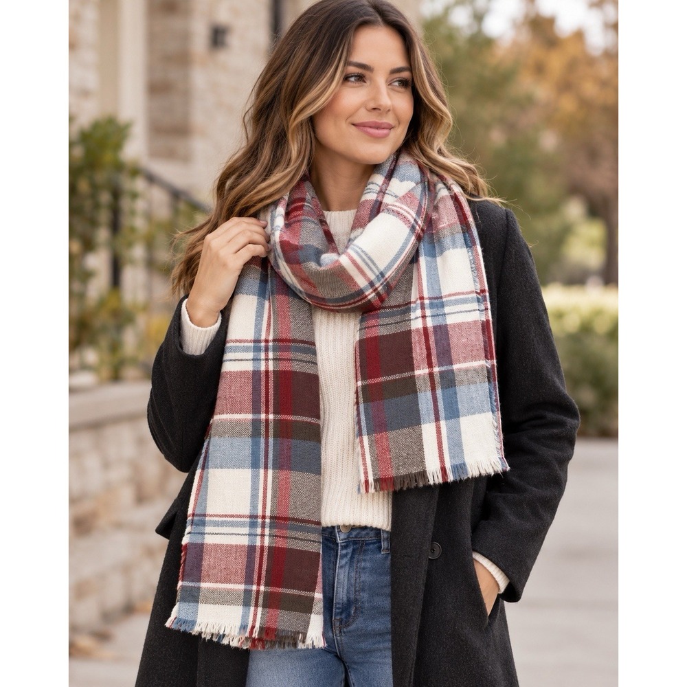 Plaid Blanket Scarf Wrap Blue Burgundy Cream Fringed Tartan Collegiate Preppy